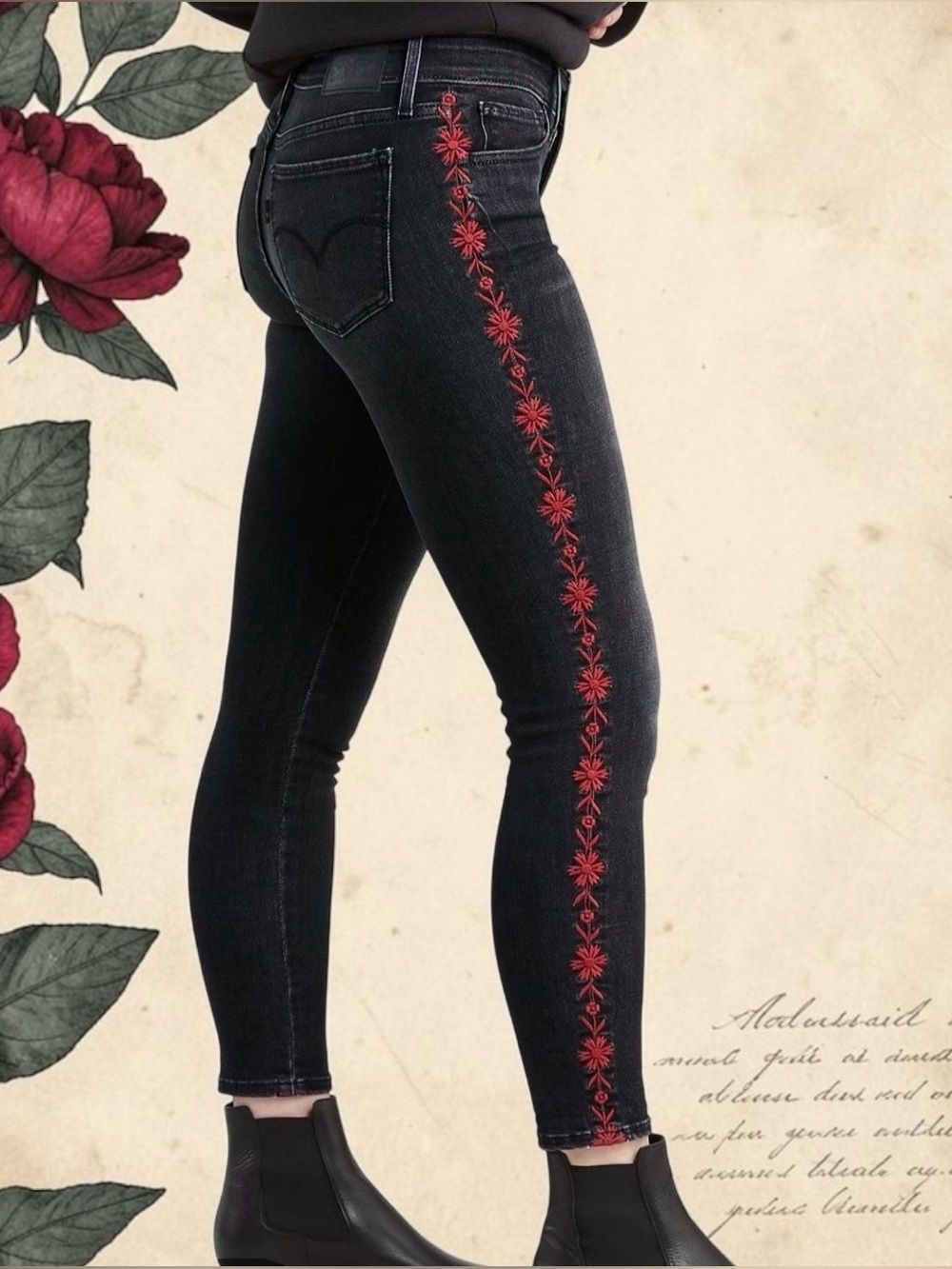 Levi's 711 Skinny Ankle Jeans in Washed Black and Red Floral Embroidery. Size 29